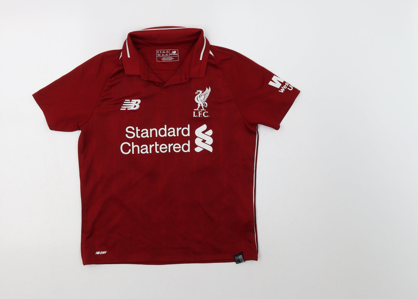 New Balance Boys Red Geometric Polyester Jersey T-Shirt Size 9-10 Years Collared Button - Liverpool Football Club