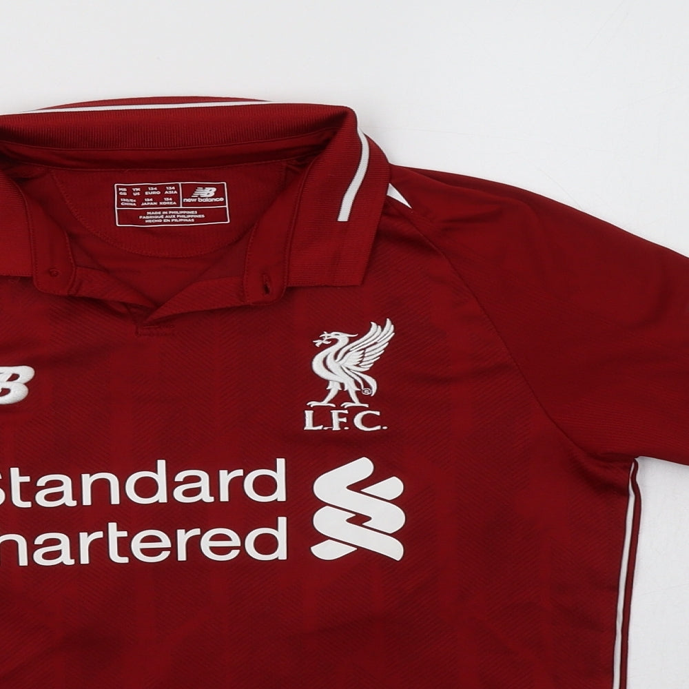 New Balance Boys Red Geometric Polyester Jersey T-Shirt Size 9-10 Years Collared Button - Liverpool Football Club