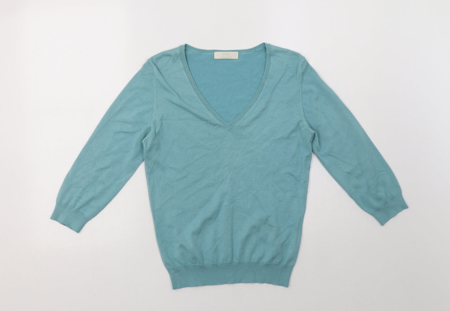 M&S Womens Green V-Neck  Viscose Pullover Jumper Size 12