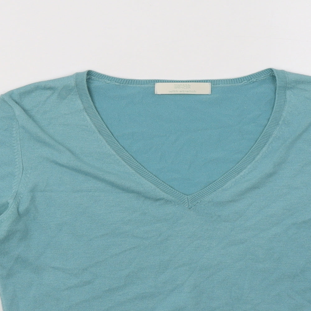 M&S Womens Green V-Neck  Viscose Pullover Jumper Size 12