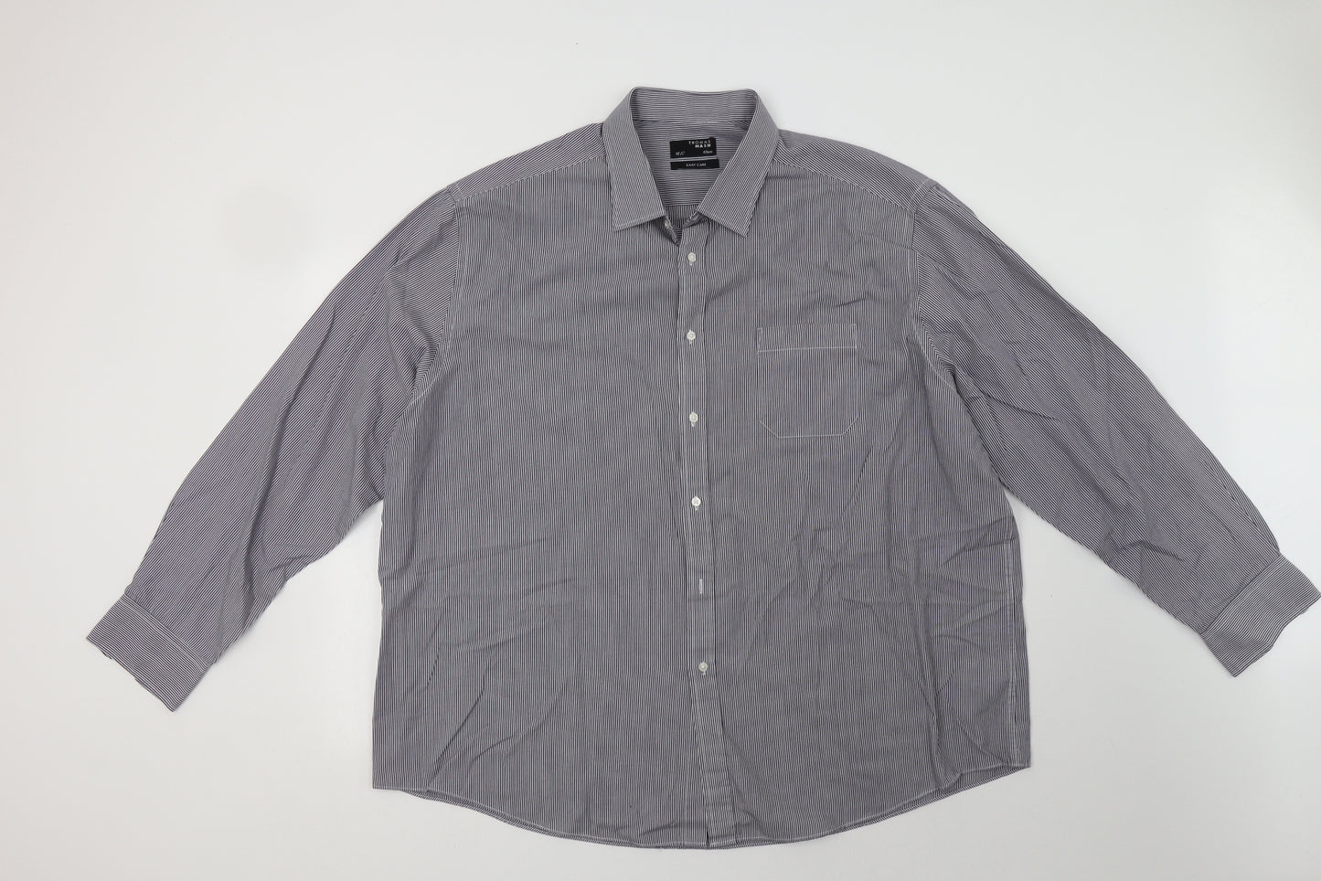 Thomas Nash Mens Blue Striped Polyester  Dress Shirt Size 19.5 Collared Button