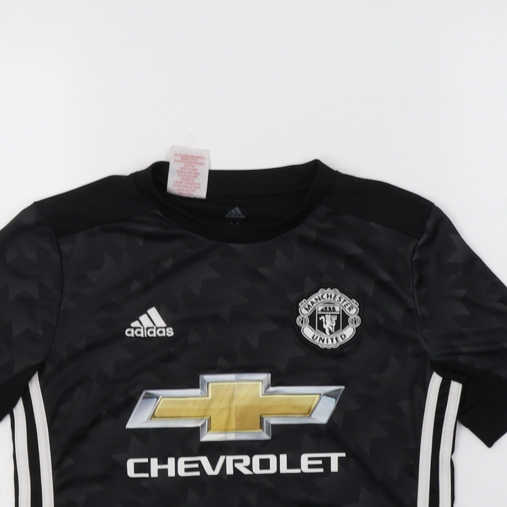adidas Boys Black Geometric Polyester Jersey T-Shirt Size 11-12 Years Crew Neck  - Manchester United