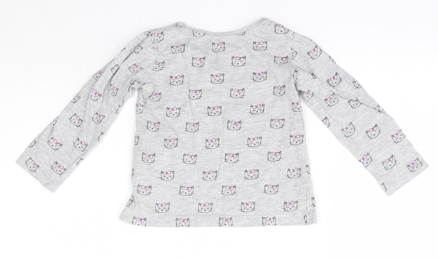Young Dimension Girls Grey  Cotton Basic Blouse Size 2-3 Years Round Neck  - Cats