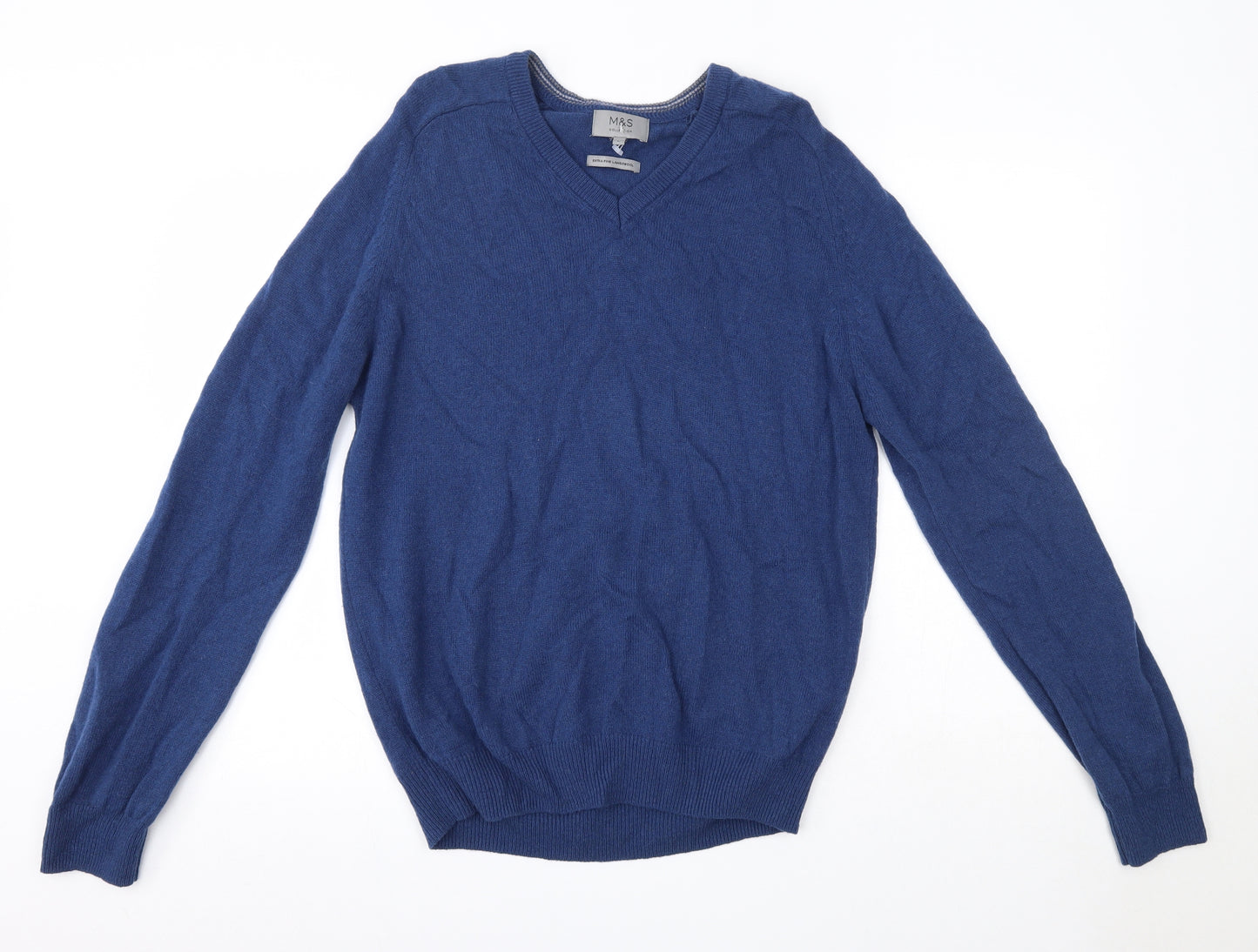 M&S Mens Blue V-Neck  Wool Pullover Jumper Size L