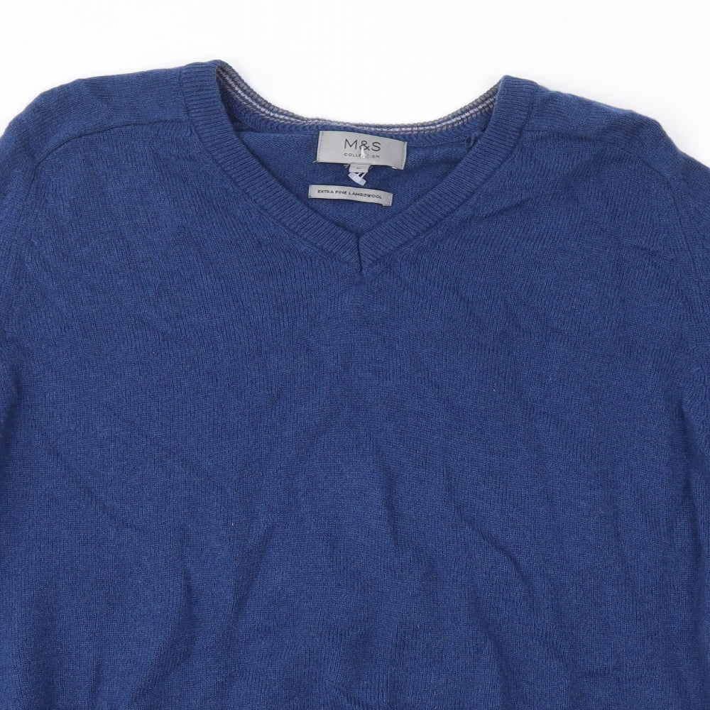 M&S Mens Blue V-Neck  Wool Pullover Jumper Size L