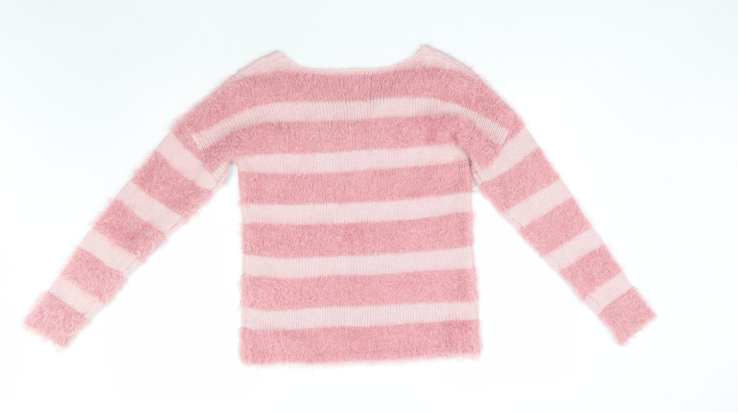 Blue Inc Womens Pink Round Neck Striped Acrylic Pullover Jumper Size 10