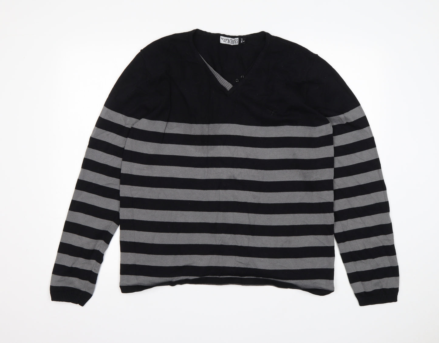 Across Womens Multicoloured V-Neck Striped Cotton Pullover Jumper Size L