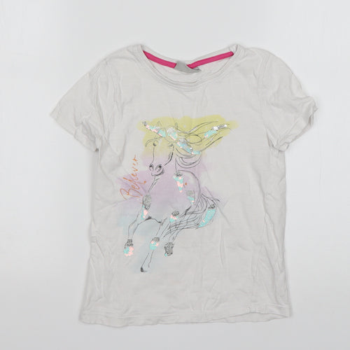 Matalan Girls White Animal Print Cotton Basic T-Shirt Size 7 Years Round Neck  - Unicorn