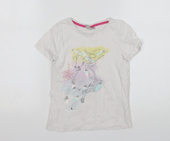 Matalan Girls White Animal Print Cotton Basic T-Shirt Size 7 Years Round Neck  - Unicorn