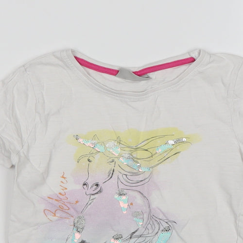 Matalan Girls White Animal Print Cotton Basic T-Shirt Size 7 Years Round Neck  - Unicorn