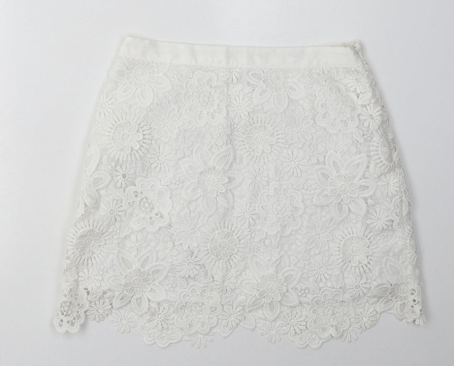Topshop Womens White Floral Polyester A-Line Skirt Size 12   Zip - Lace Detail