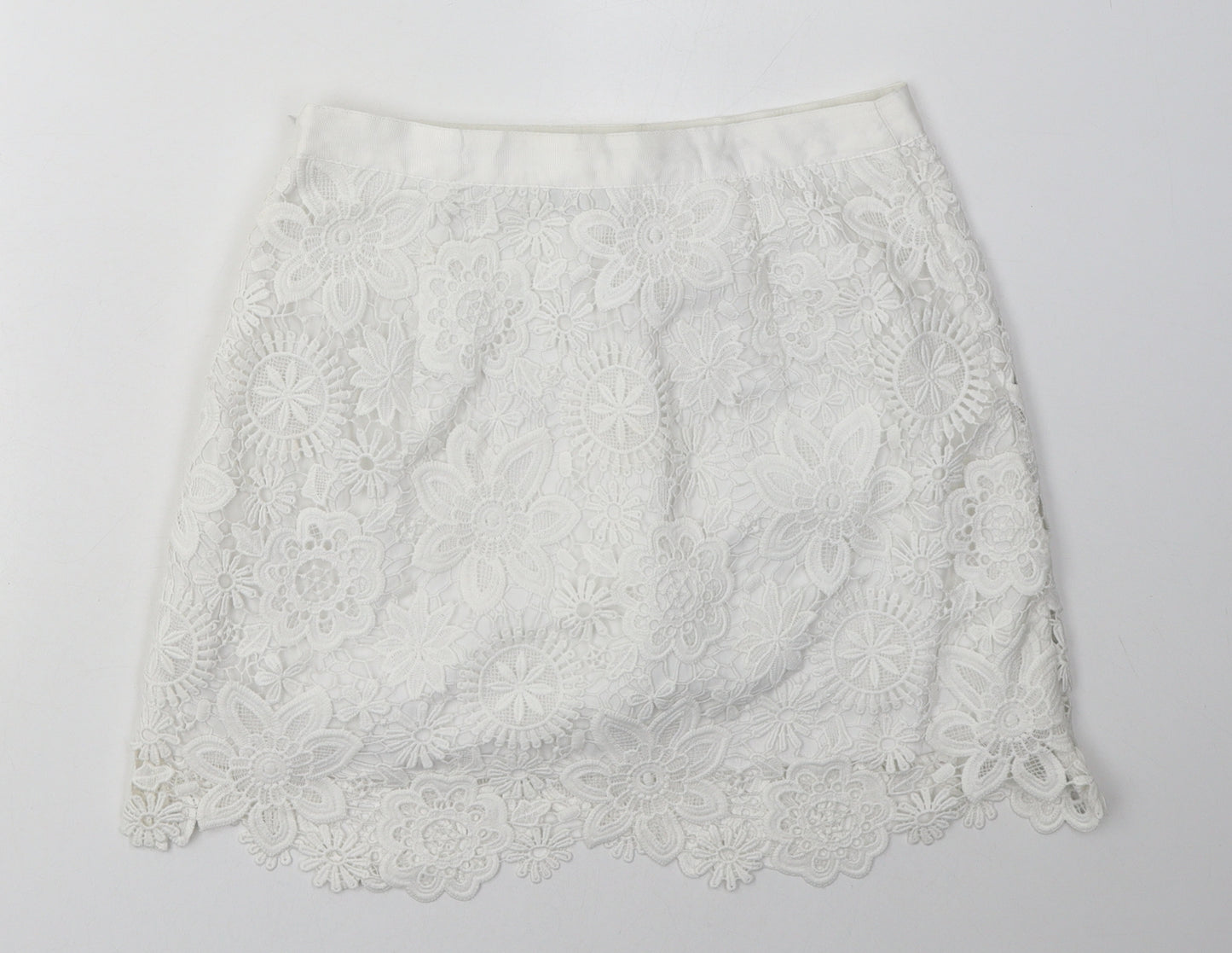 Topshop Womens White Floral Polyester A-Line Skirt Size 12   Zip - Lace Detail
