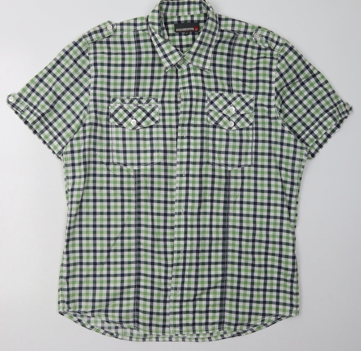 Duck & Cover Mens Green Check Cotton  Button-Up Size XL Collared Button