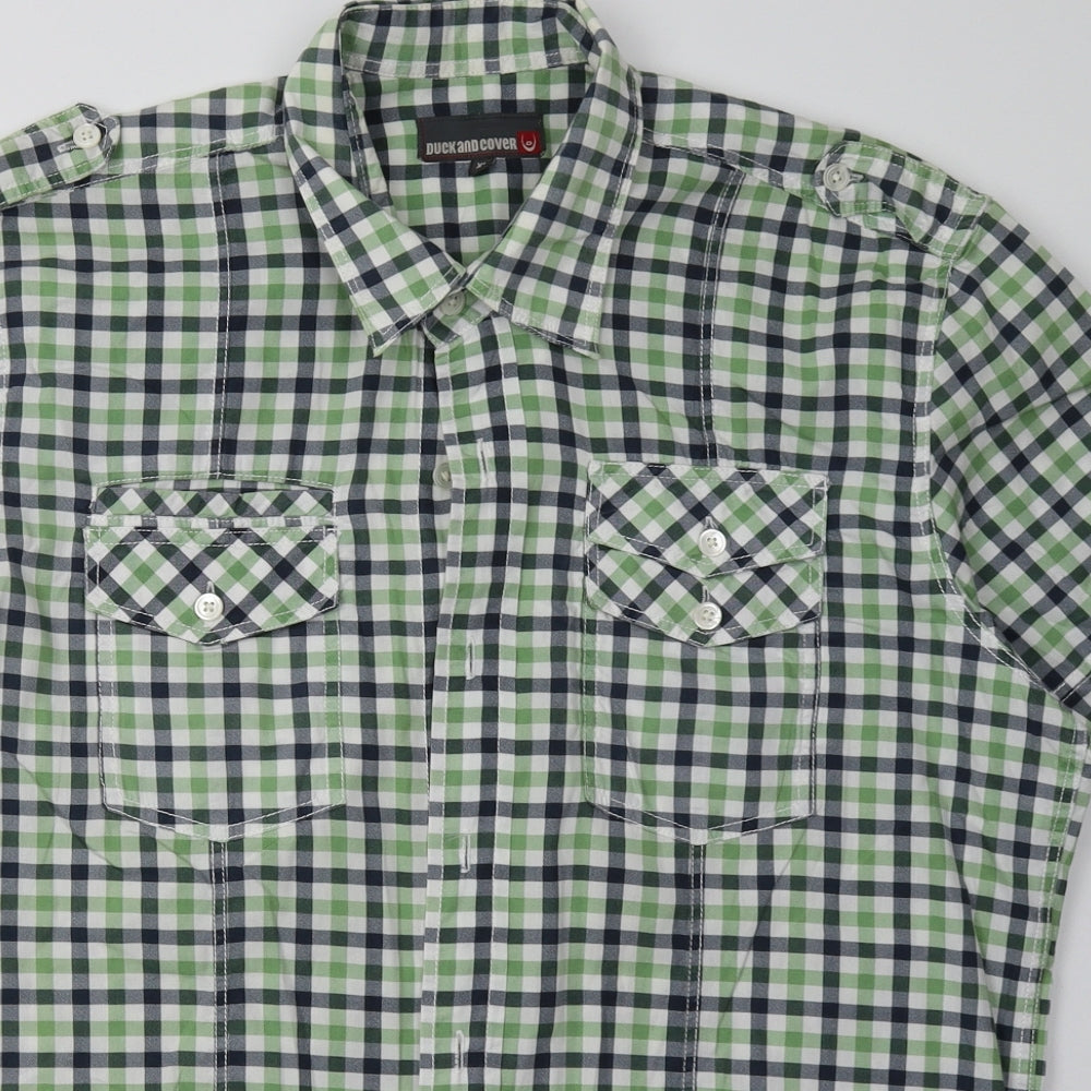 Duck & Cover Mens Green Check Cotton  Button-Up Size XL Collared Button