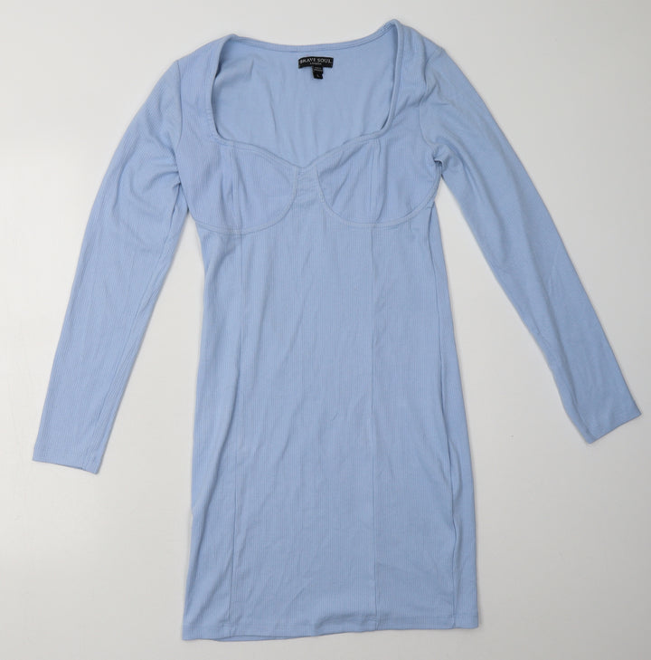 brave sould Womens Blue Cotton Bodycon Size L V-Neck Pullover
