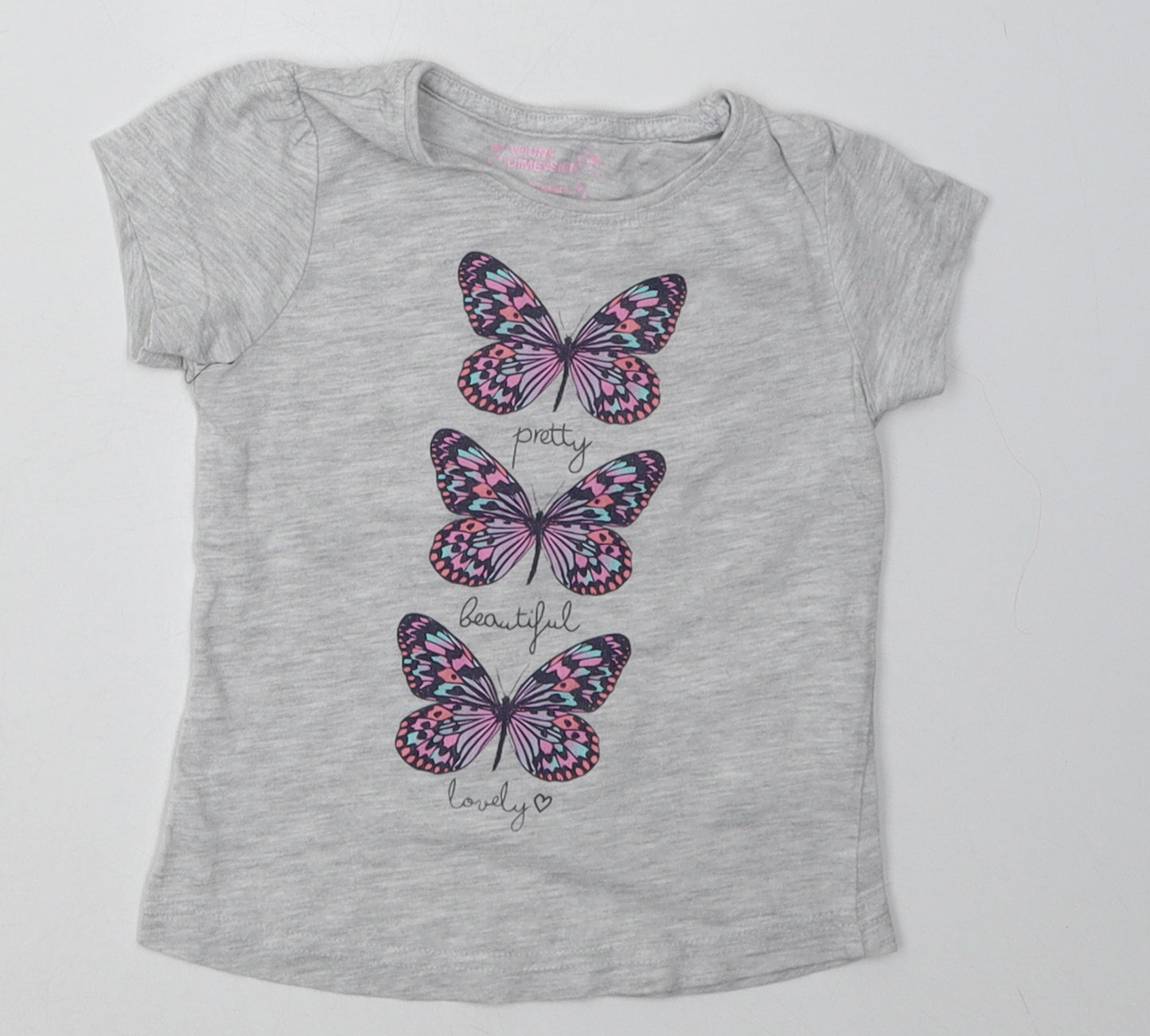 Young Dimension Girls Grey Geometric Cotton Basic T-Shirt Size 2-3 Years Crew Neck Pullover - pretty, beautiful, lovely butterfly print