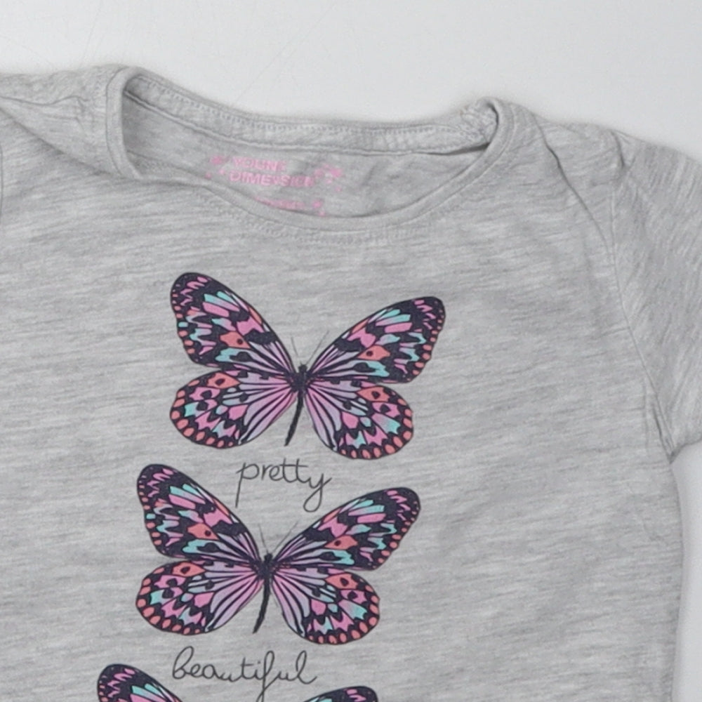 Young Dimension Girls Grey Geometric Cotton Basic T-Shirt Size 2-3 Years Crew Neck Pullover - pretty, beautiful, lovely butterfly print