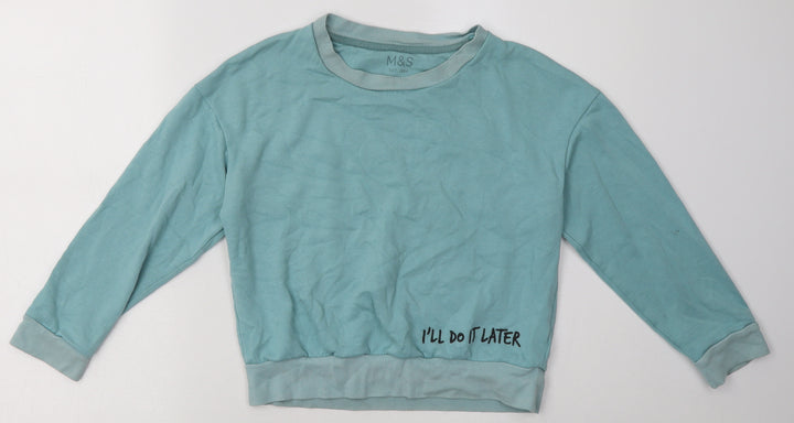 Marks and Spencer Girls Blue Cotton Basic Casual Size 10-11 Years Crew Neck Pullover - ill do it later
