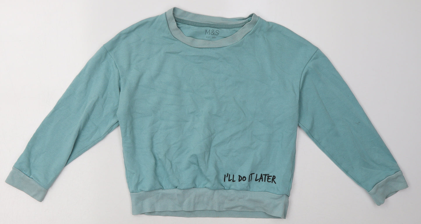 Marks and Spencer Girls Blue  Cotton Basic Casual Size 10-11 Years Crew Neck Pullover - ill do it later