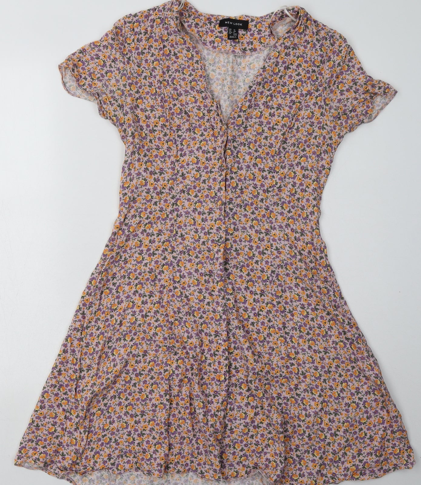 New Look Womens Purple Floral Viscose A-Line  Size 12  V-Neck Button