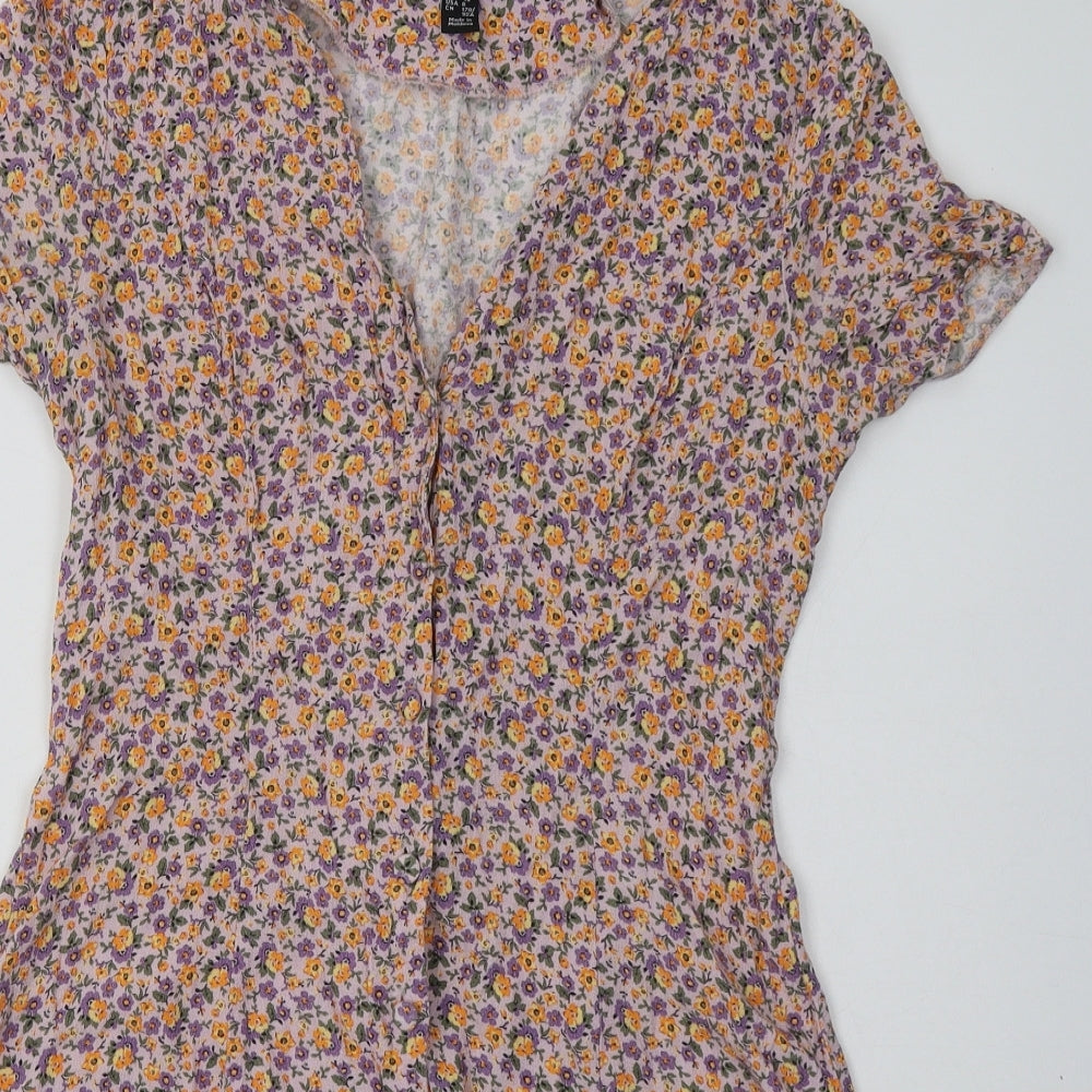 New Look Womens Purple Floral Viscose A-Line  Size 12  V-Neck Button
