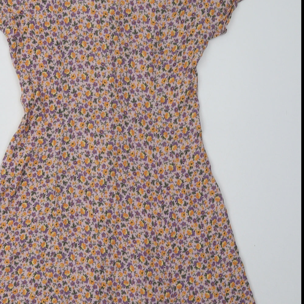 New Look Womens Purple Floral Viscose A-Line  Size 12  V-Neck Button