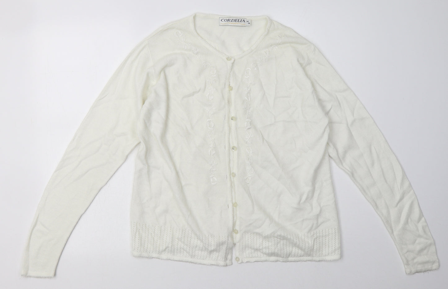 Cordelia St Womens White Crew Neck Floral Acrylic Cardigan Jumper Size 14