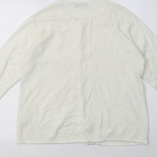Cordelia St Womens White Crew Neck Floral Acrylic Cardigan Jumper Size 14