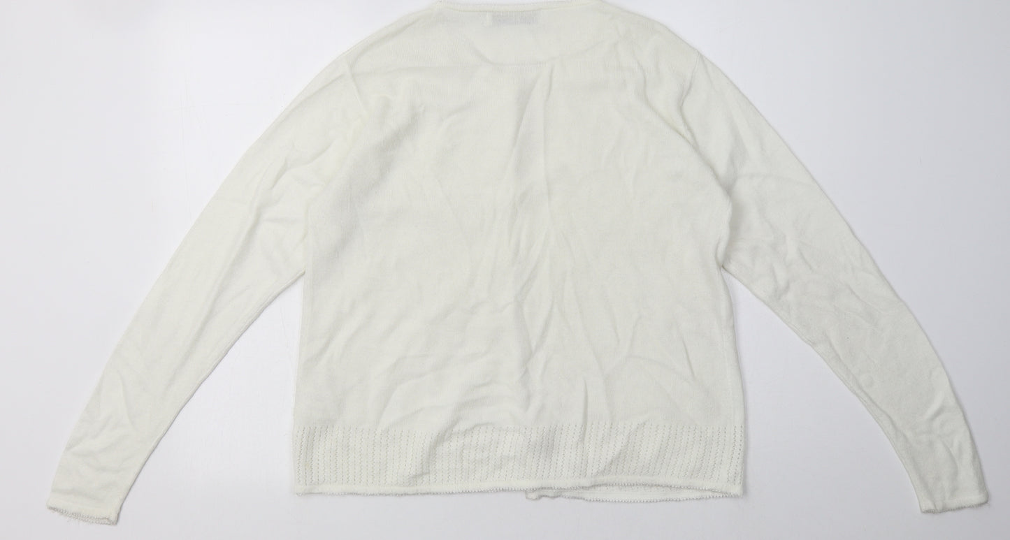 Cordelia St Womens White Crew Neck Floral Acrylic Cardigan Jumper Size 14