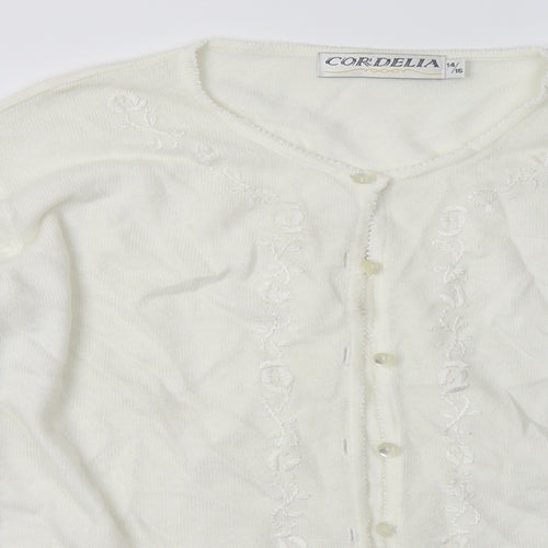 Cordelia St Womens White Crew Neck Floral Acrylic Cardigan Jumper Size 14