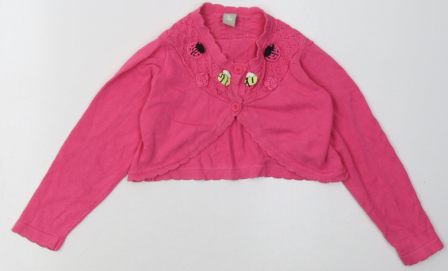 sainsburys Girls Pink Crew Neck Geometric Cotton Cardigan Jumper Size 4-5 Years  Button