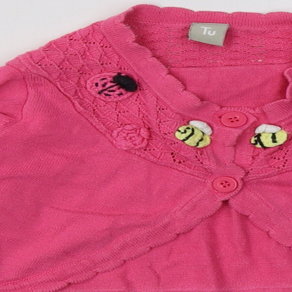 sainsburys Girls Pink Crew Neck Geometric Cotton Cardigan Jumper Size 4-5 Years  Button