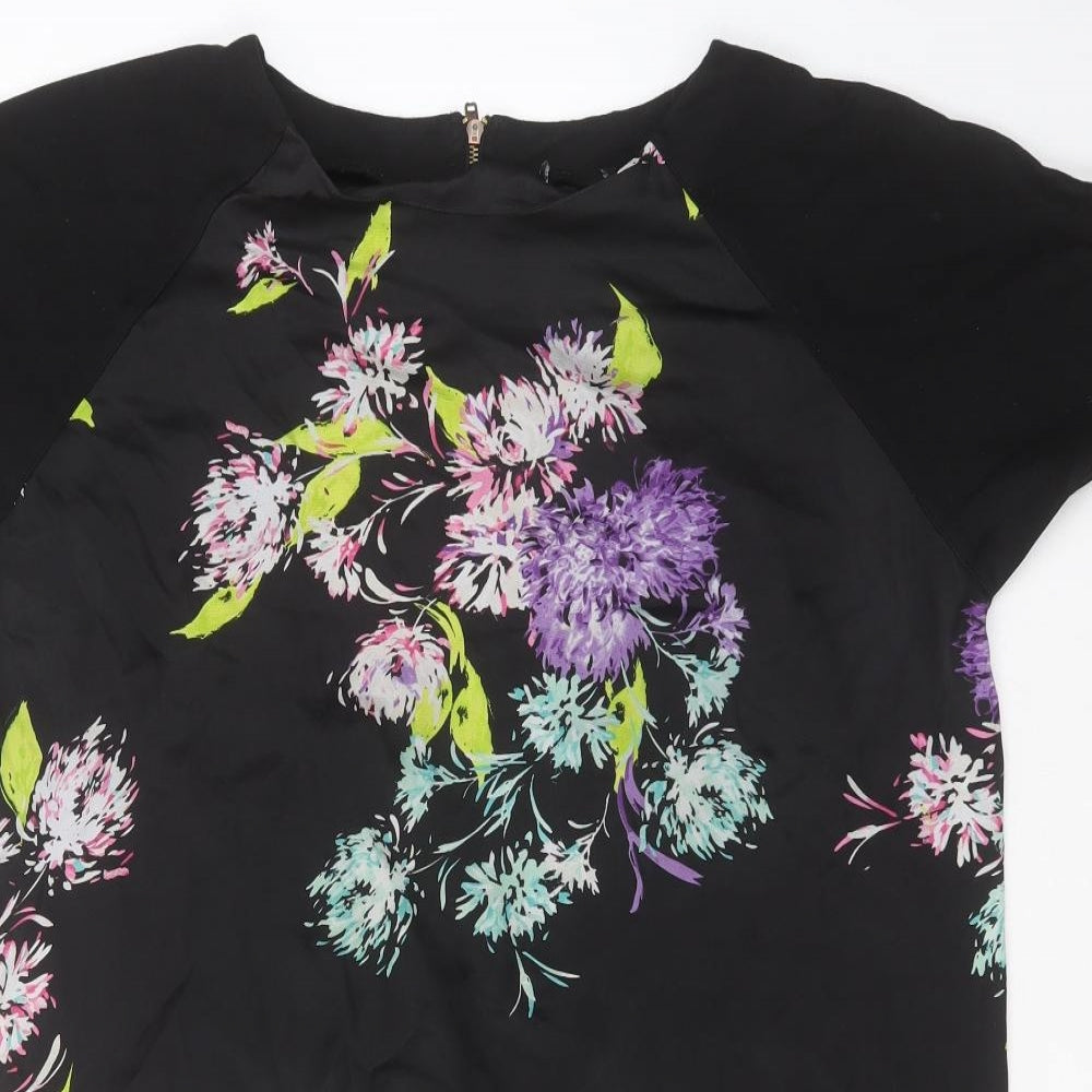Warehouse Womens Black Floral Viscose T-Shirt Dress  Size 16  Round Neck