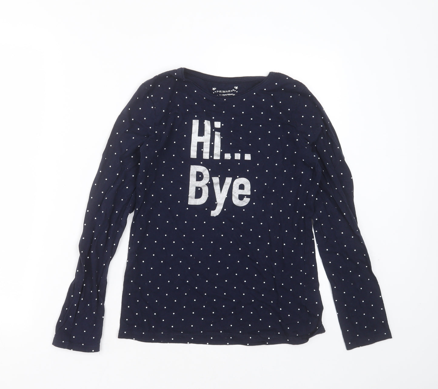 Primark Girls Blue Polka Dot Cotton Basic T-Shirt Size 11-12 Years Round Neck  - hi bye