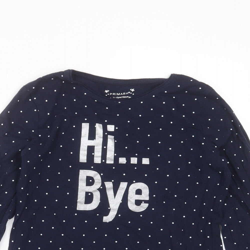 Primark Girls Blue Polka Dot Cotton Basic T-Shirt Size 11-12 Years Round Neck  - hi bye
