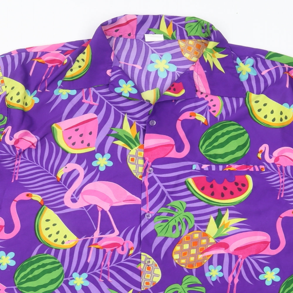 King Kameha Mens Purple  Polyester  Button-Up Size 3XL Collared Button - Tropical print