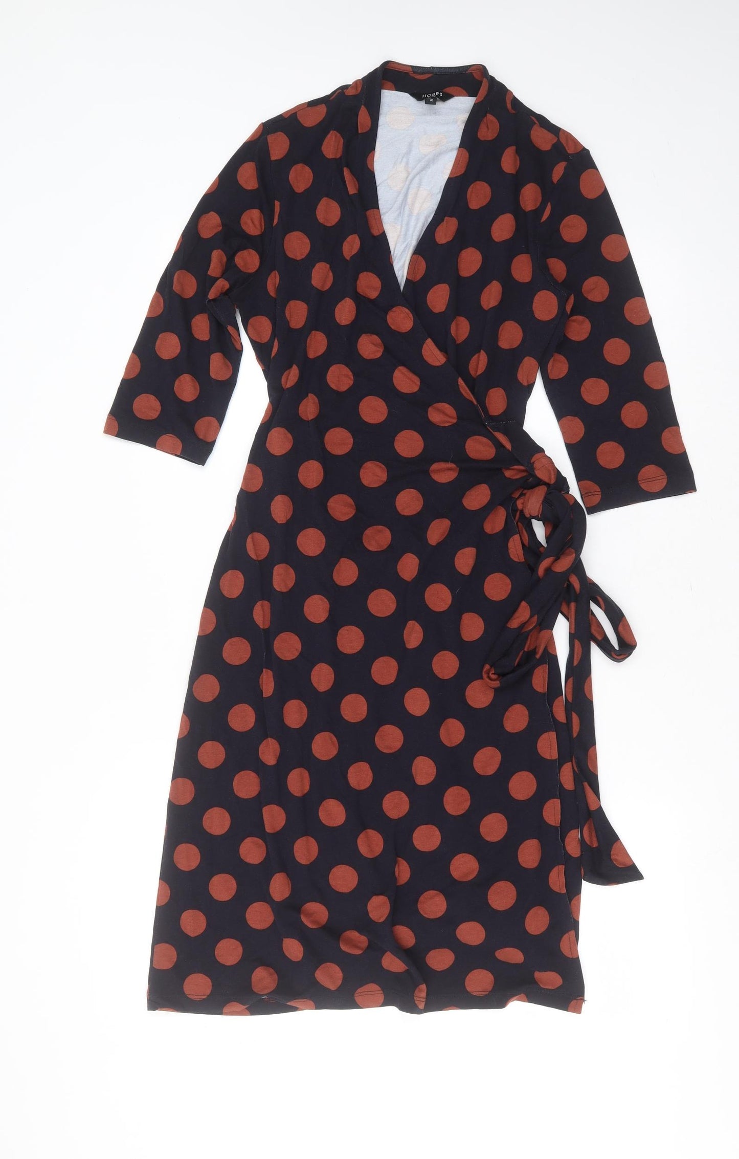 HOBBS  Womens Blue Polka Dot Viscose Wrap Dress  Size 12  V-Neck Tie