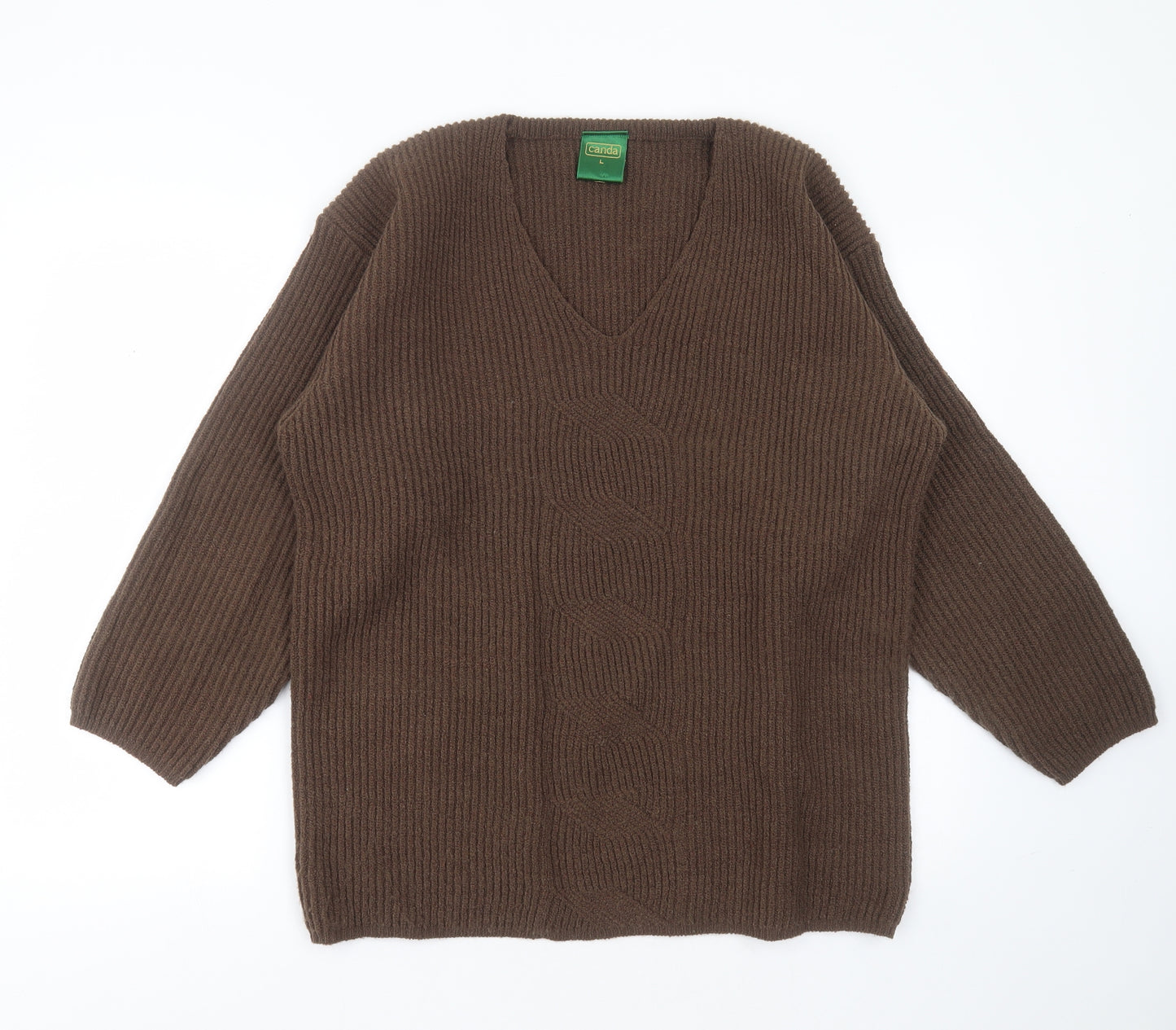 CANDA Womens Brown V-Neck  Acrylic Pullover Jumper Size L