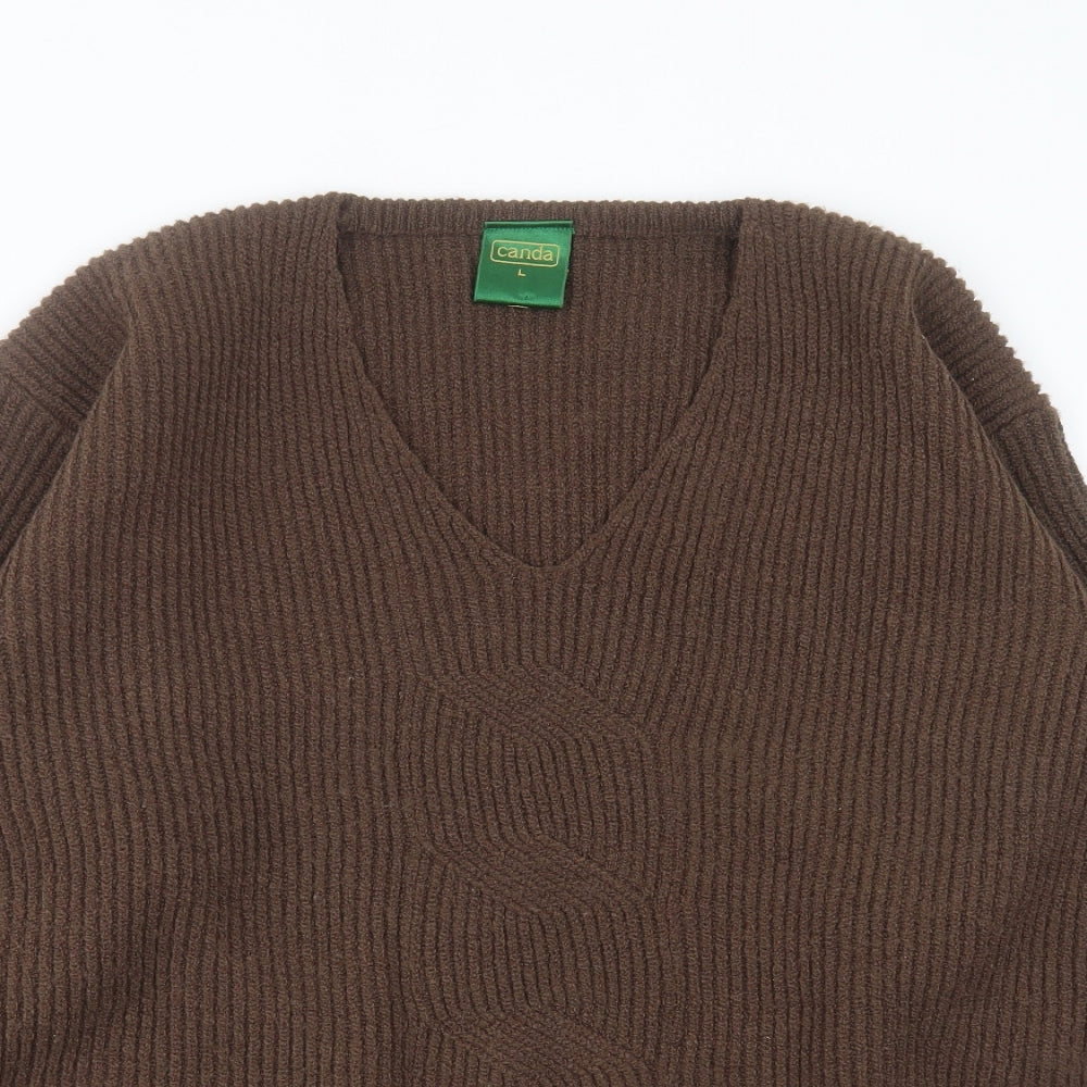 CANDA Womens Brown V-Neck  Acrylic Pullover Jumper Size L