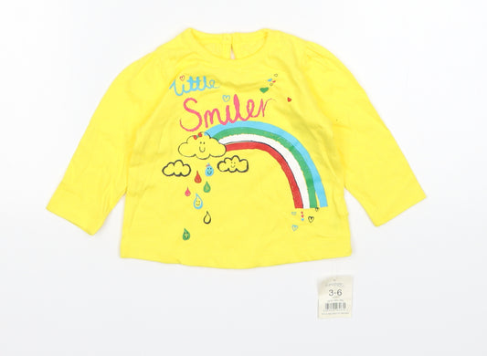 Front view of George girls’ yellow cotton basic t-shirt, size 3-6, months round neck