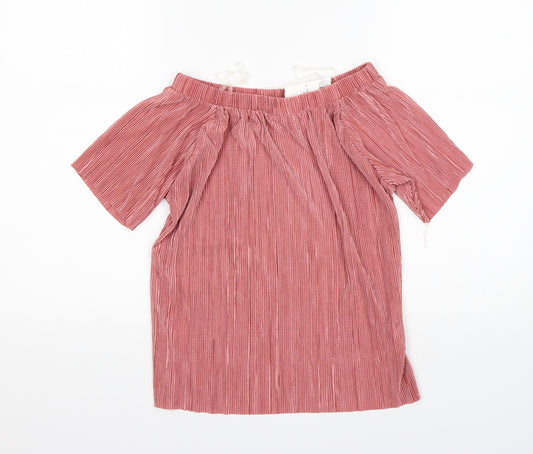 Front view of F&F women’s pink polyester basic blouse, size S, boat neck