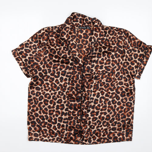 PRETTYLITTLETHING Womens Multicoloured Animal Print Polyester Basic Button-Up Size 14 Collared