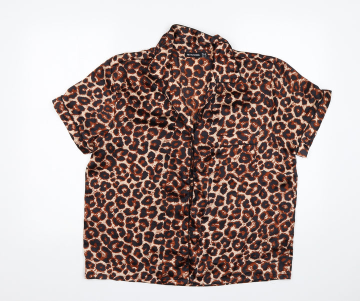 PRETTYLITTLETHING Womens Multicoloured Animal Print Polyester Basic Button-Up Size 14 Collared