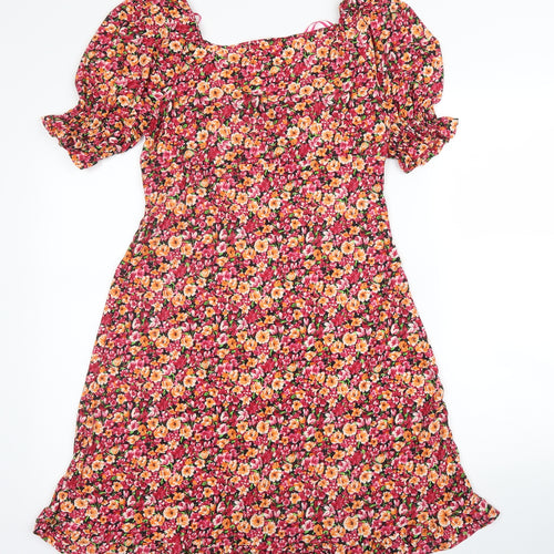 Warehouse Womens Pink Floral Polyester Fit & Flare  Size 12  Round Neck