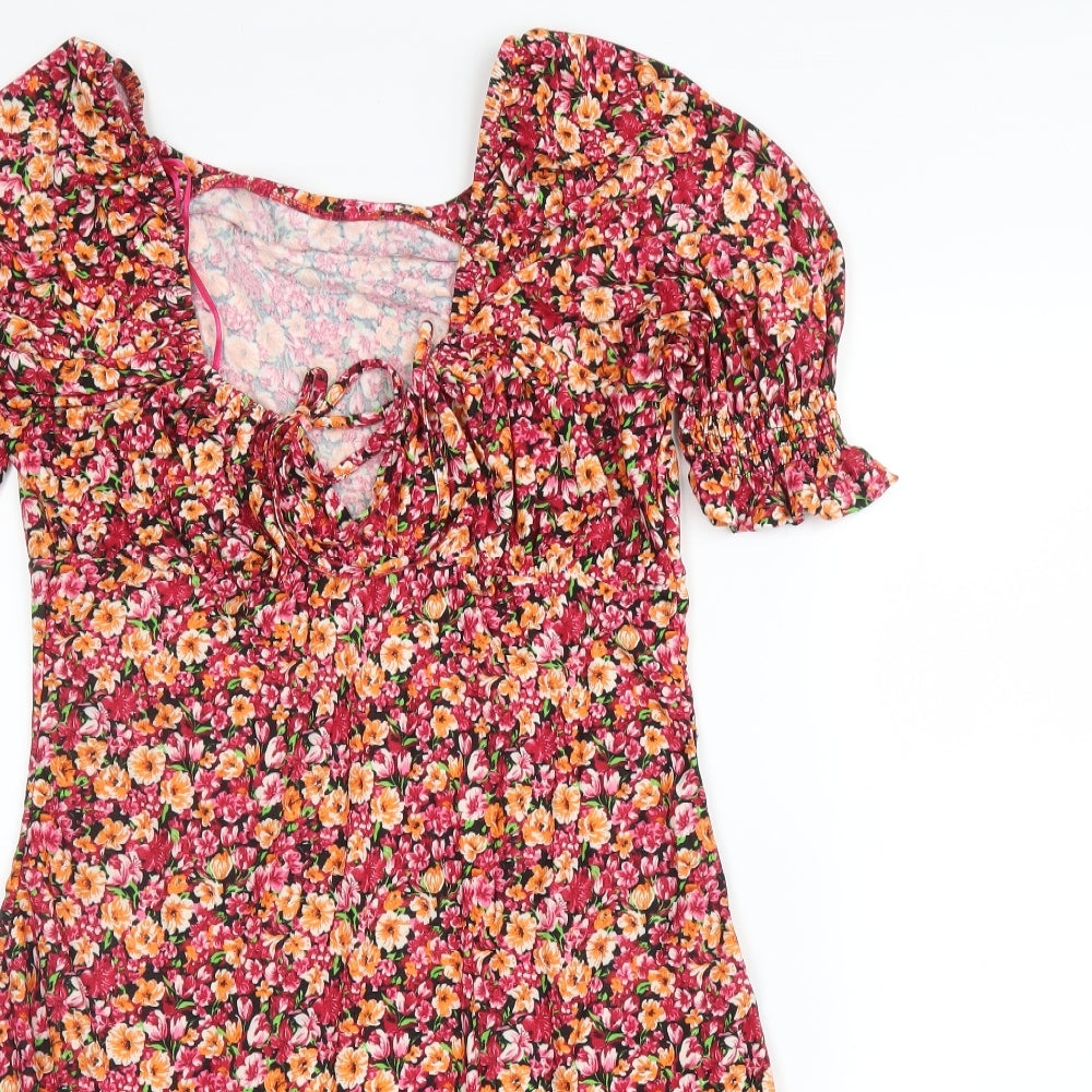 Warehouse Womens Pink Floral Polyester Fit & Flare  Size 12  Round Neck