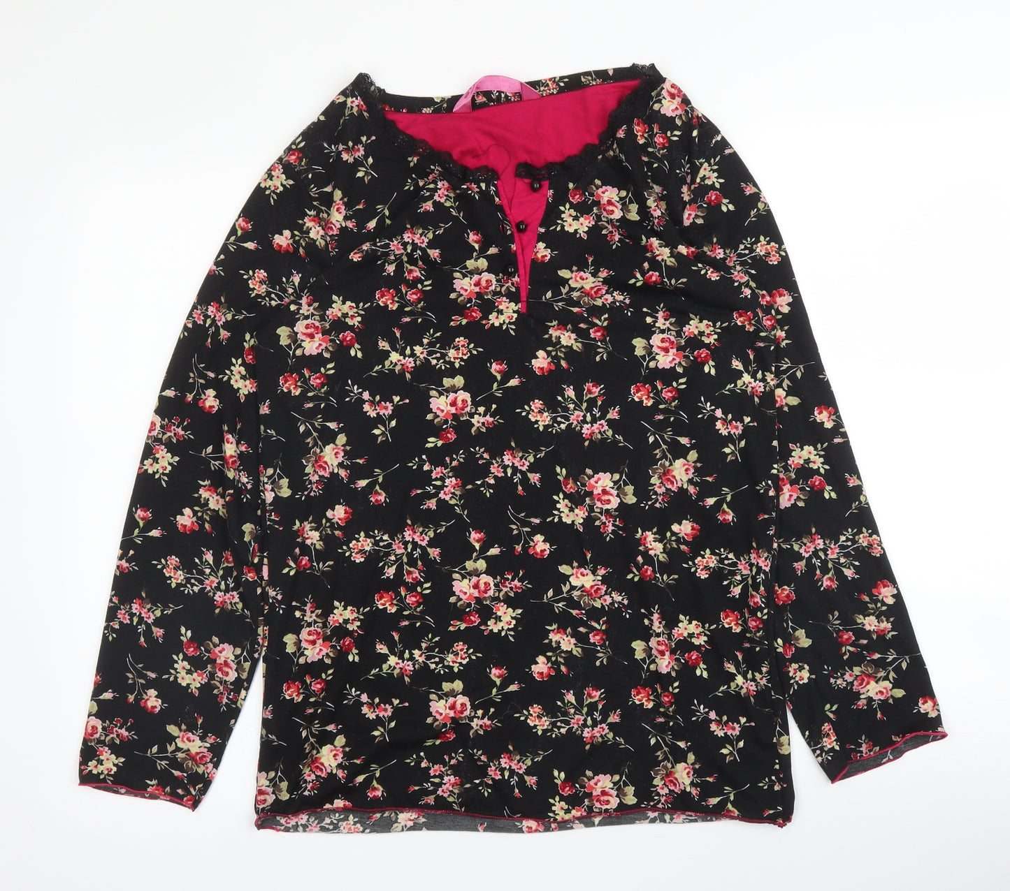 Stil Modo Womens Black Floral Cotton Basic T-Shirt Size L Round Neck