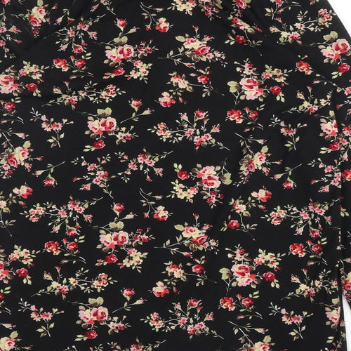 Stil Modo Womens Black Floral Cotton Basic T-Shirt Size L Round Neck