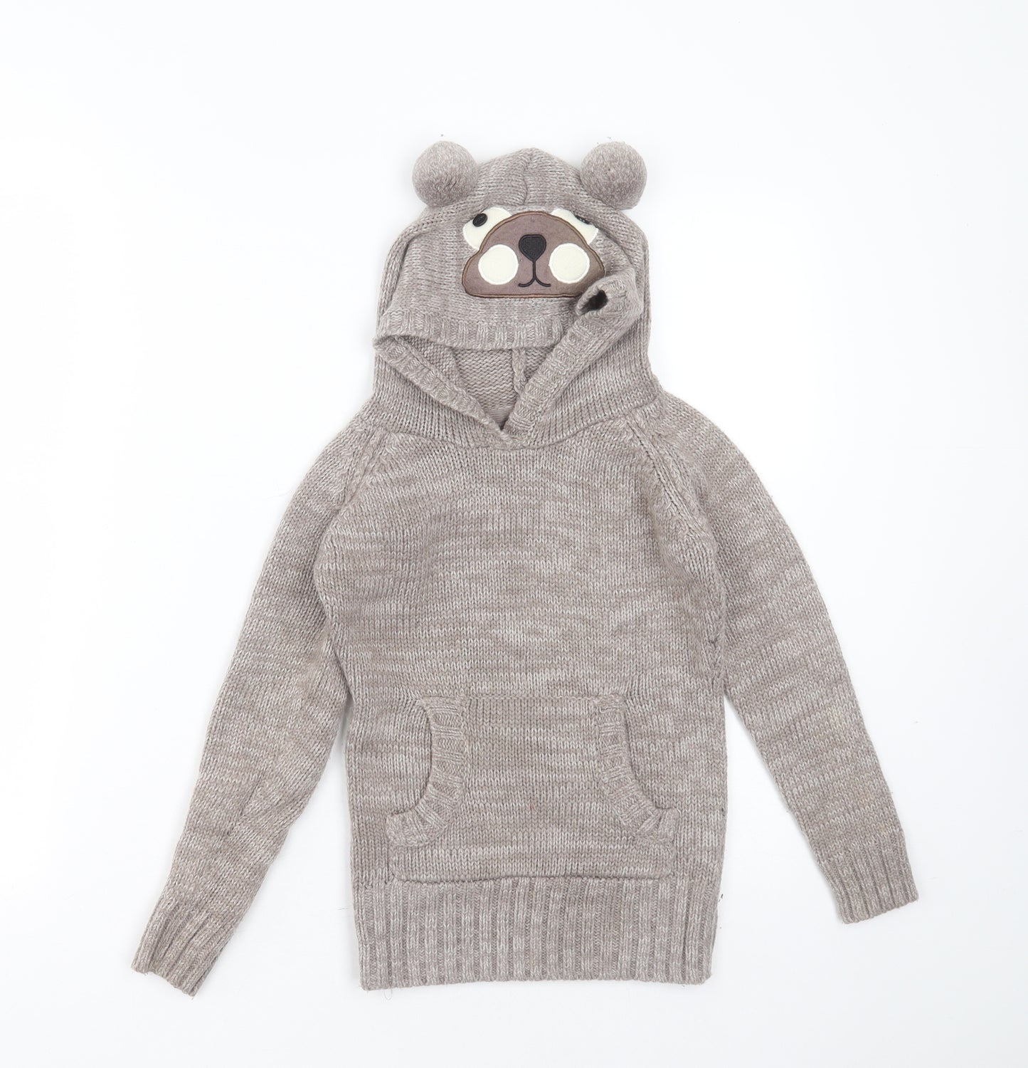 Young Dimension Boys Beige Round Neck  Acrylic Pullover Jumper Size 7-8 Years   - bear hood
