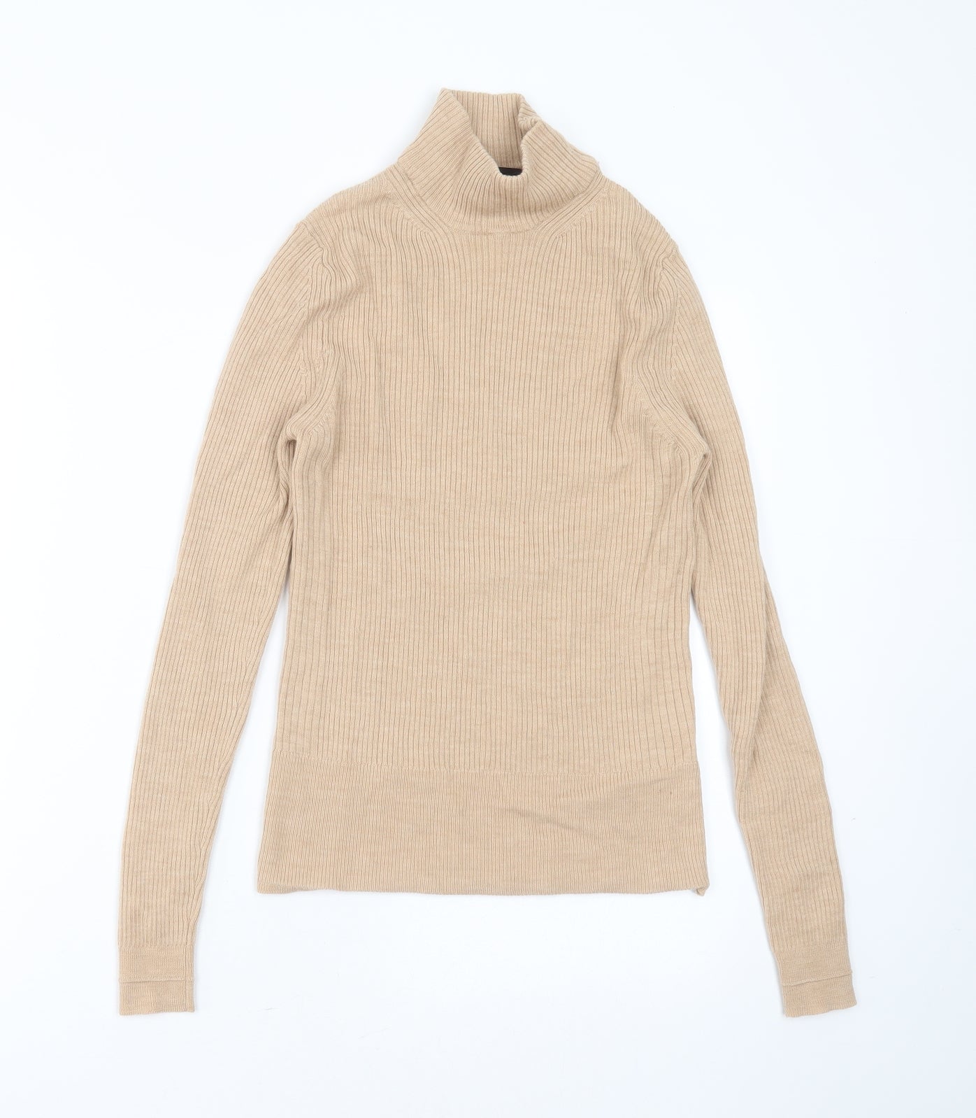 Marks and Spencer Womens Beige High Neck Striped Wool Pullover Jumper Size 8