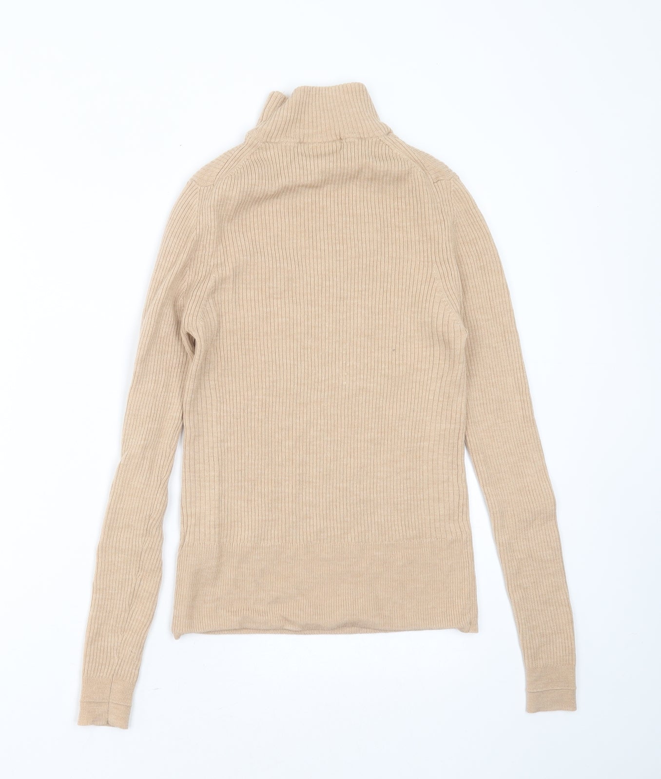 Marks and Spencer Womens Beige High Neck Striped Wool Pullover Jumper Size 8